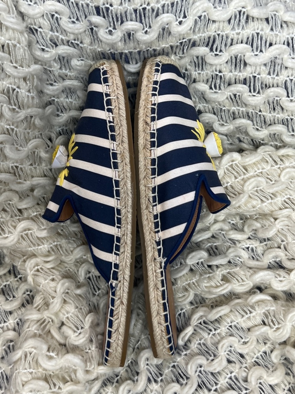 kate spade Navy & White Solero Striped Espadrille Mules Yellow Floral Applique - Picture 4 of 10